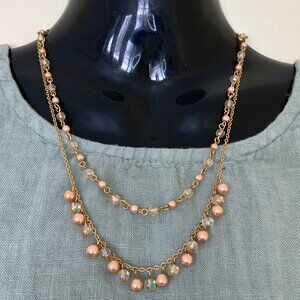 Layered Pearl Drop Double Necklace Iridescent Beaded Gold-Tone Chain
